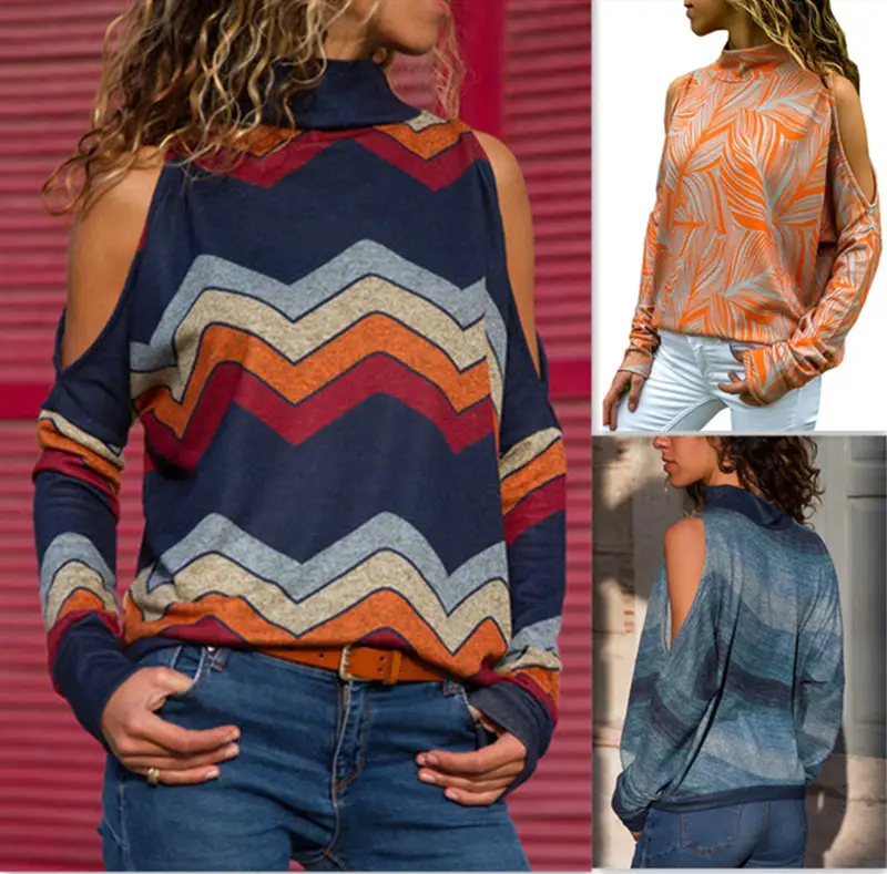 Hot Neck Geometric Knitted Women Top Blue Orange - Image 3