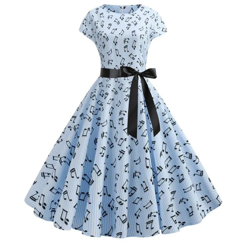Note Print Waist Dress Blue Summer 2019 - Image 9
