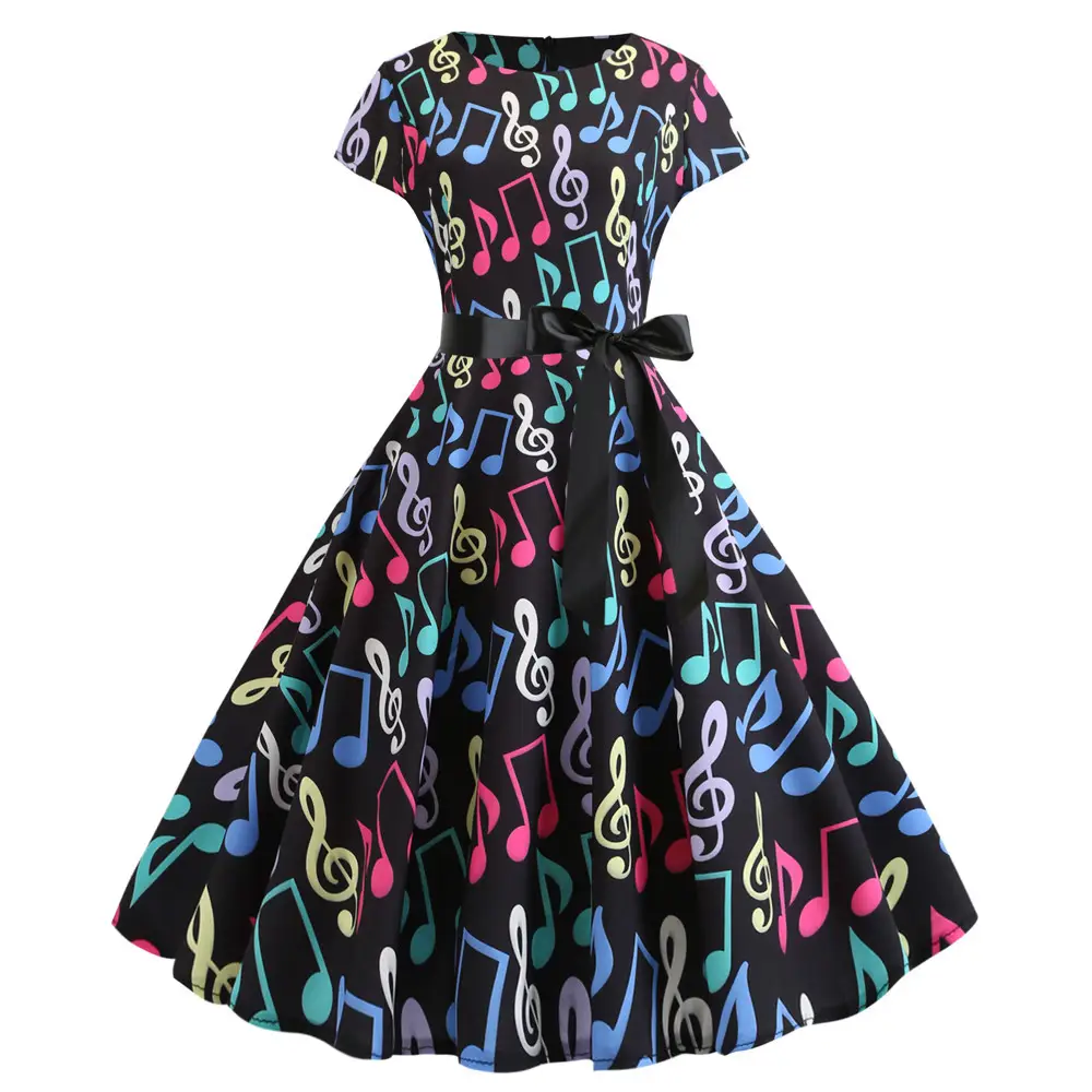 Note Print Waist Dress Blue Summer 2019 - Image 11