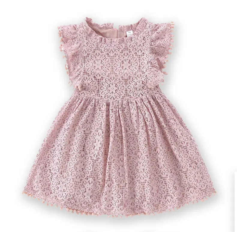Girls Lace Flying Sleeve Dress Pink Children's Skirt — feature 3