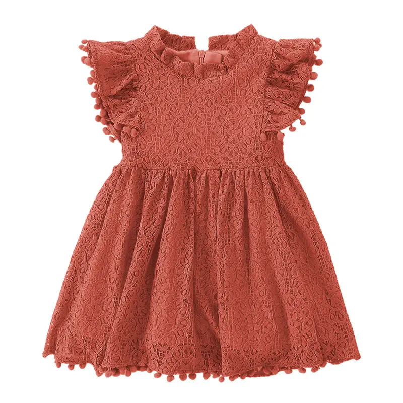 Girls Lace Flying Sleeve Dress Pink Children's Skirt - Image 9
