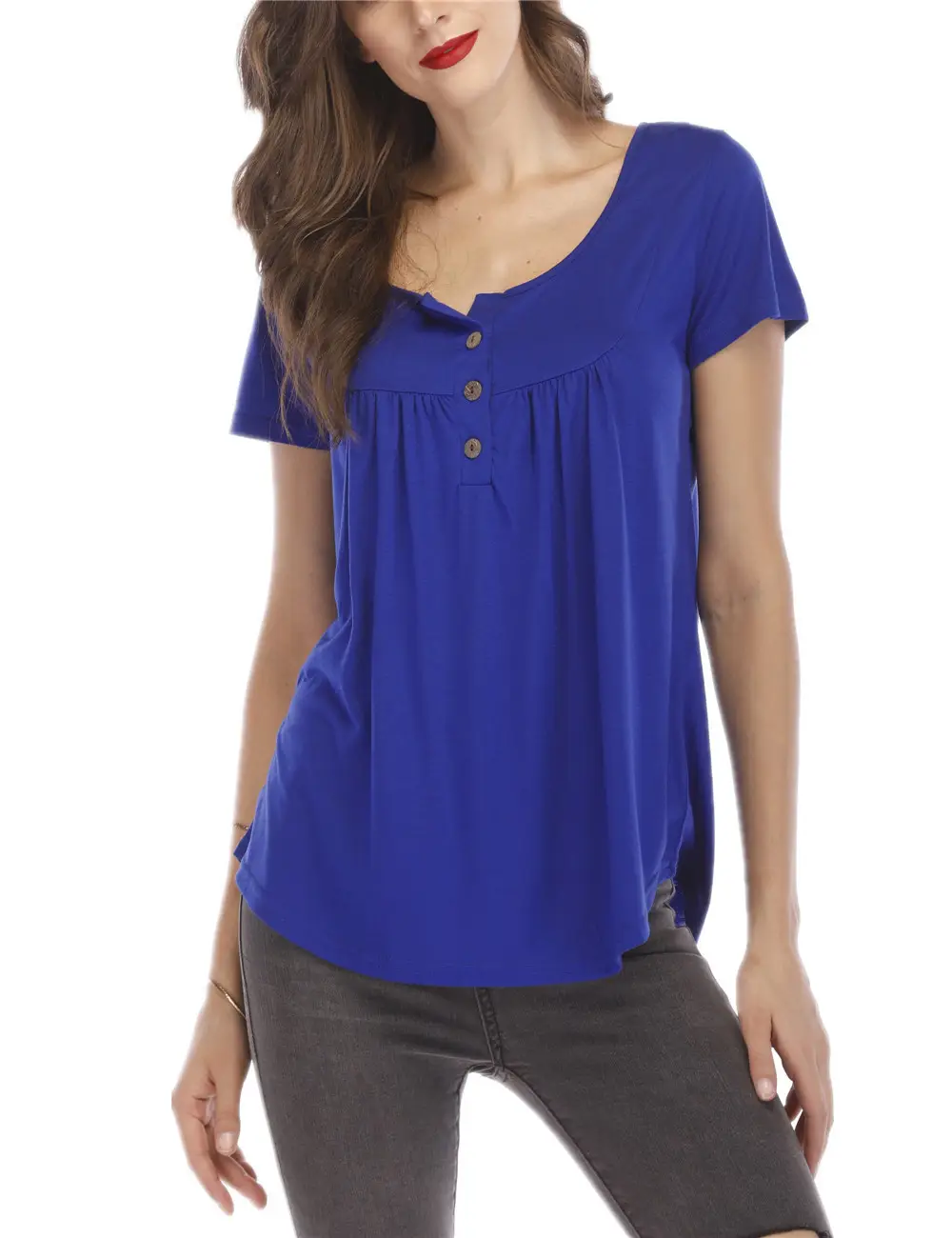 Black Pleated Button T-Shirt for Women Short Sleeve