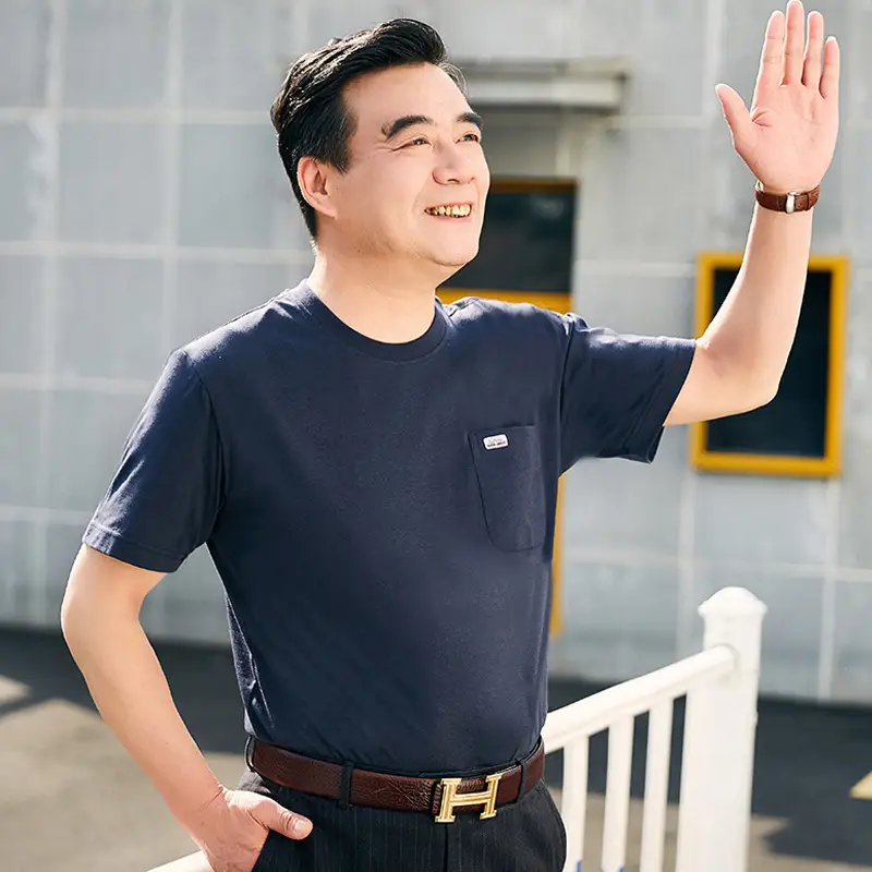 Men Navy Blue Pocket T-Shirt Summer Cotton Loose Fit