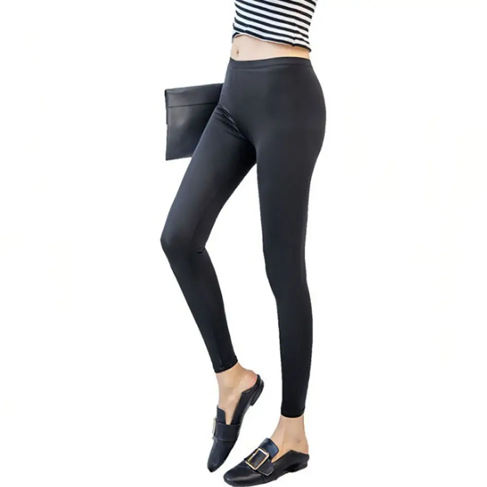 Women Ice Silk Leggings High Waist Cropped Stretch Black - Image 15