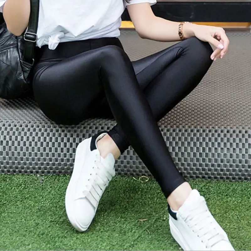 Women Ice Silk Leggings High Waist Cropped Stretch Black - Image 2