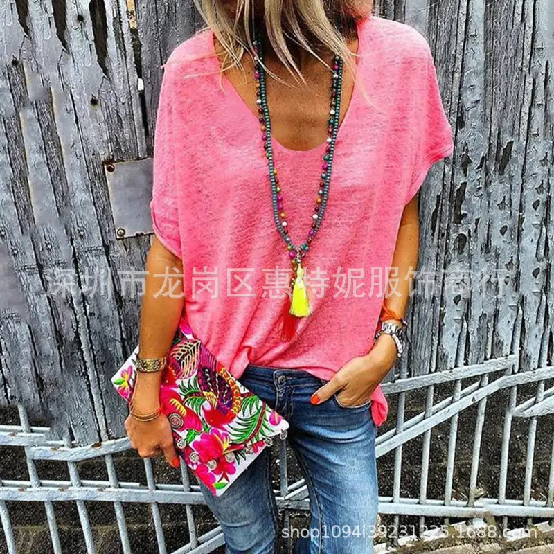 2019 Sexy V-neck T-shirt Women Candy Color Large - Image 4