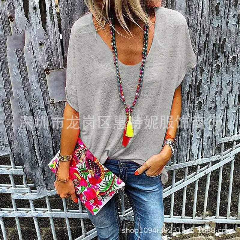 2019 Sexy V-neck T-shirt Women Candy Color Large - Image 2