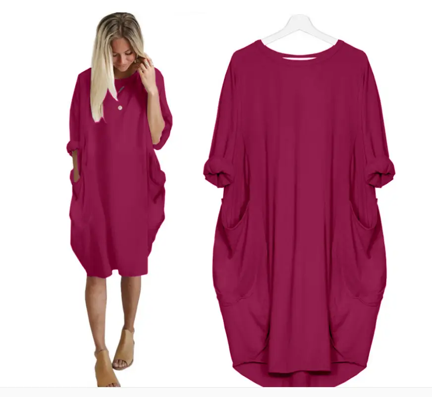 Women's Maroon Loose Sleeve Plus Size Dress
