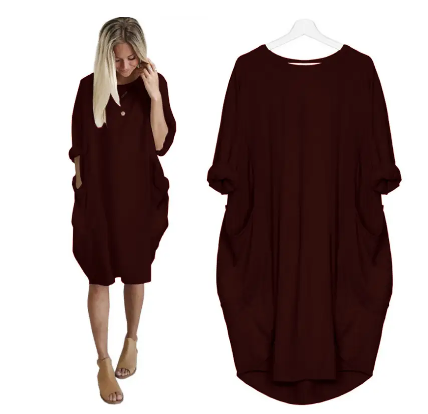 Women's Maroon Loose Sleeve Plus Size Dress