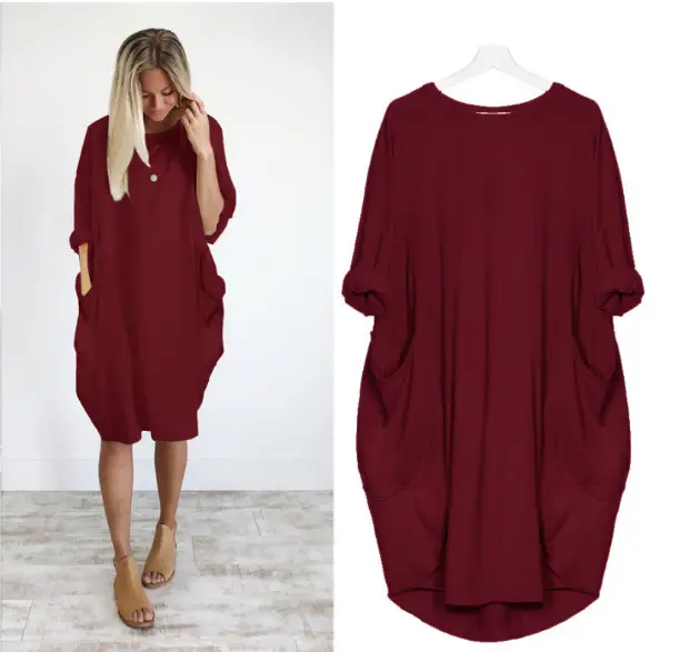 Women's Maroon Loose Sleeve Plus Size Dress