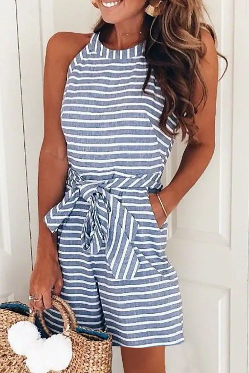 Striped Belted Jumpsuit Set for Women Summer Wear
