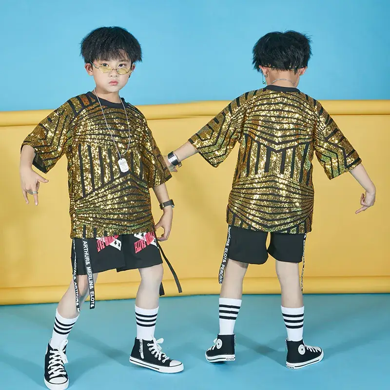 Boy Hip Hop Dance Costume Sequin Shirt Cap Pants White Black - Image 5