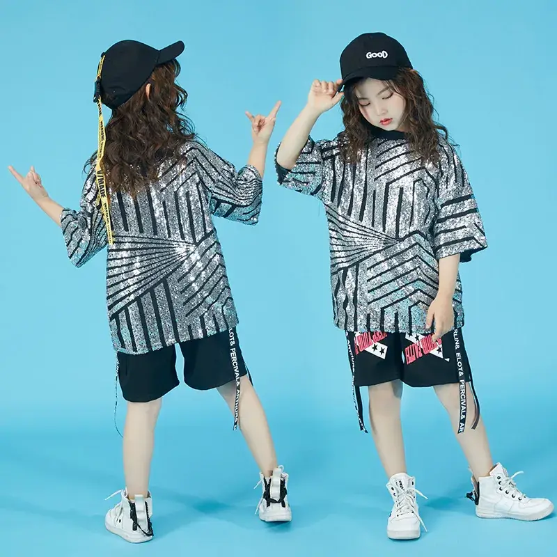 Boy Hip Hop Dance Costume Sequin Shirt Cap Pants White Black - Image 6