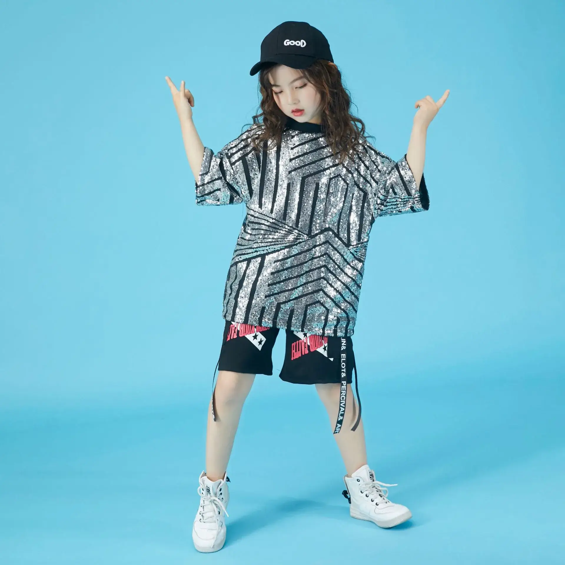 Boy Hip Hop Dance Costume Sequin Shirt Cap Pants White Black - Image 7