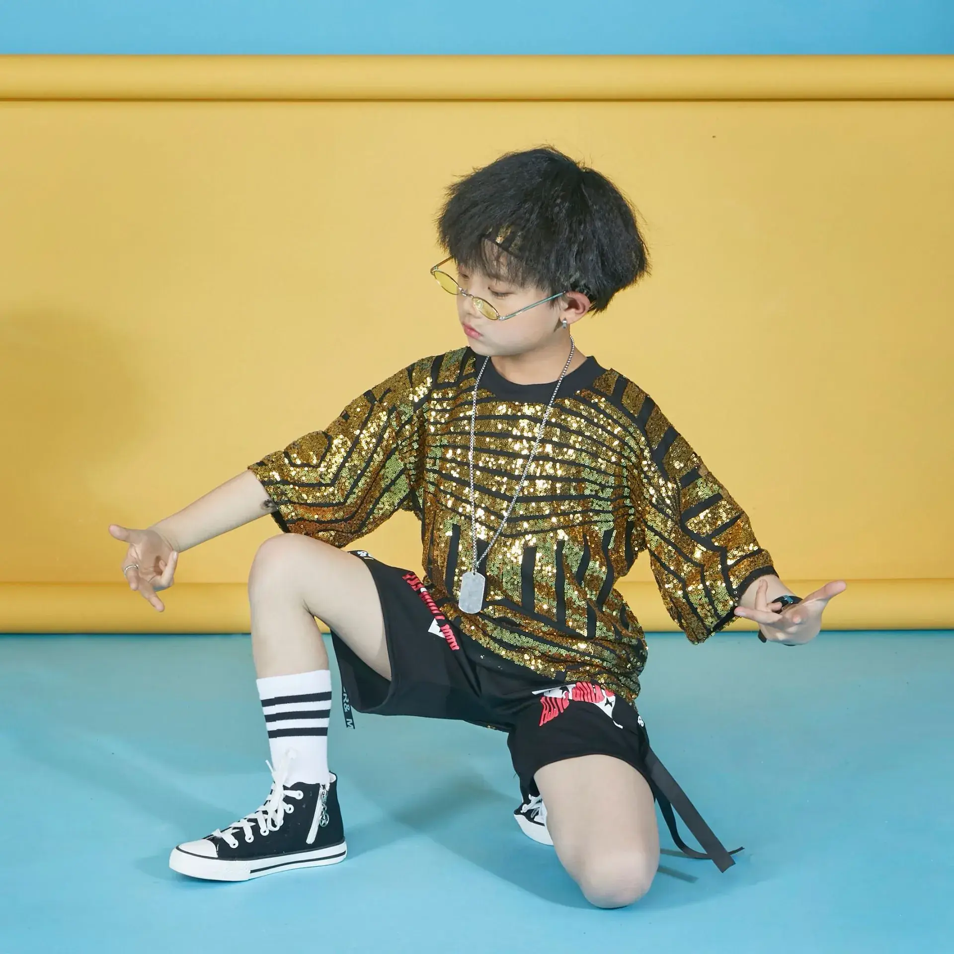 Boy Hip Hop Dance Costume Sequin Shirt Cap Pants White Black - Image 8