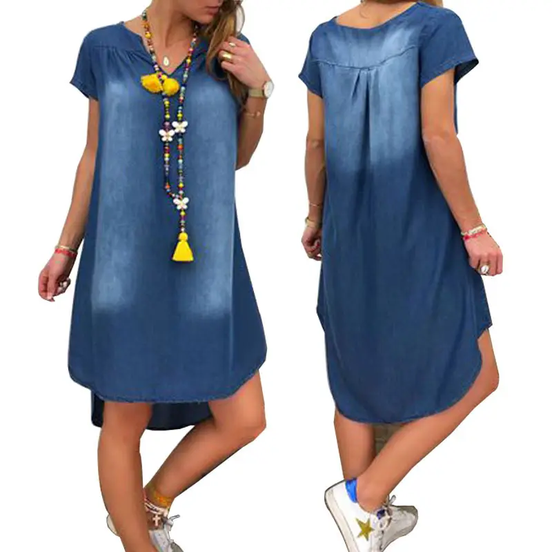 2019 V-Neck Denim Dress Women Summer Blue - Image 6