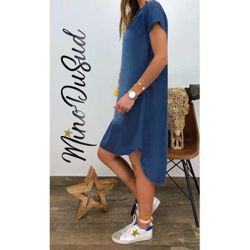 2019 V-Neck Denim Dress Women Summer Blue - Image 8