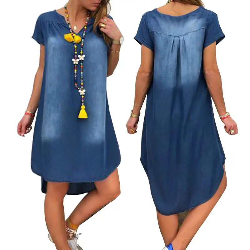 2019 V-Neck Denim Dress Women Summer Blue - Image 9