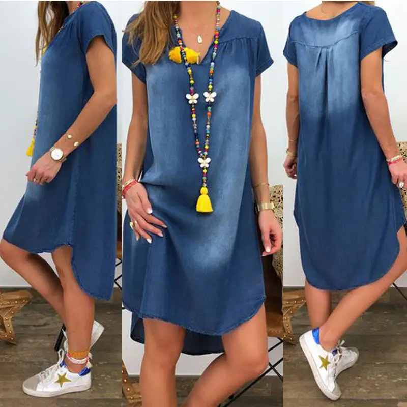 2019 V-Neck Denim Dress Women Summer Blue - Image 4