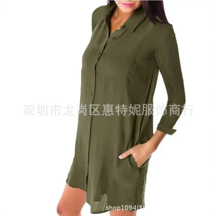 2019 Spring Summer Plus Size Maroon Single Breasted Dress - Image 9