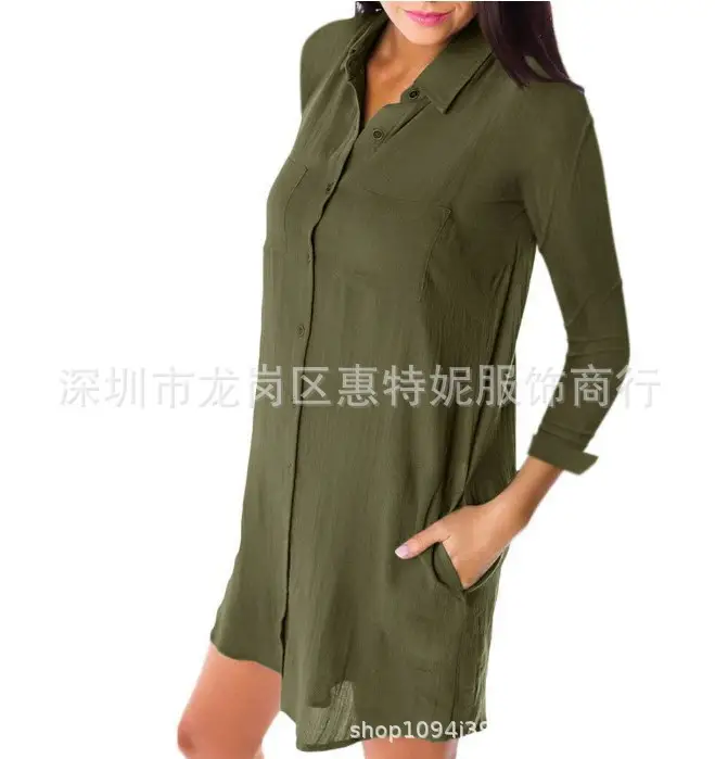 2019 Spring Summer Plus Size Maroon Single Breasted Dress - Image 5