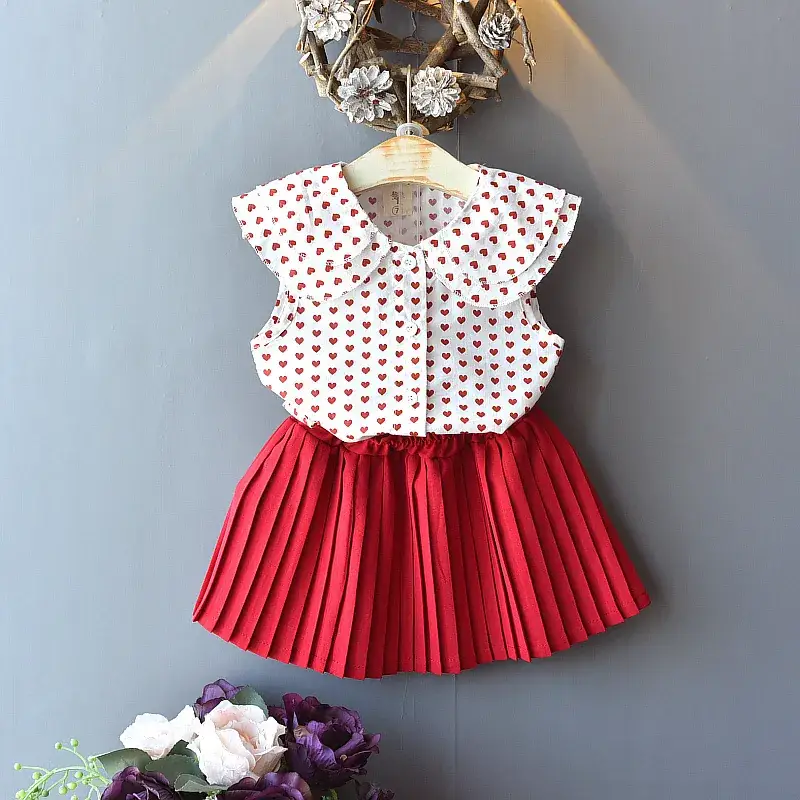 Girls' Red Polka Dot Summer Suit with Pleated Skirt — feature 5