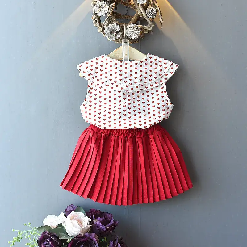 Girls' Red Polka Dot Summer Suit with Pleated Skirt — feature 6