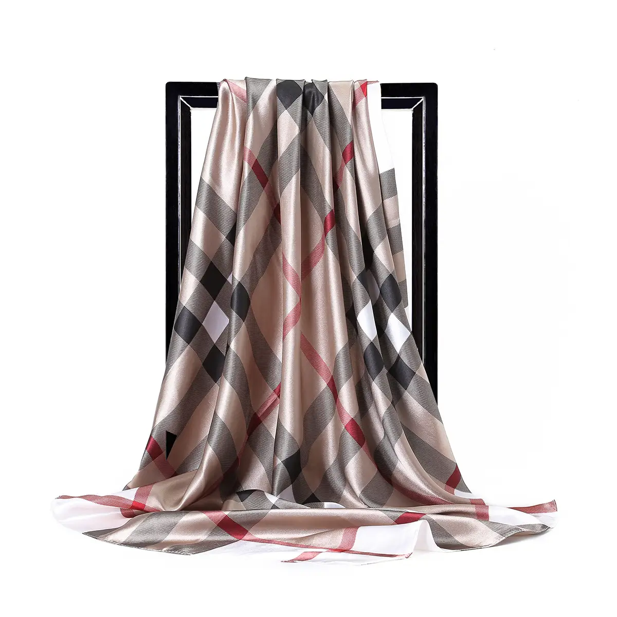 90cm Plaid Silk Scarf for Women Muslim Headscarf - Image 3