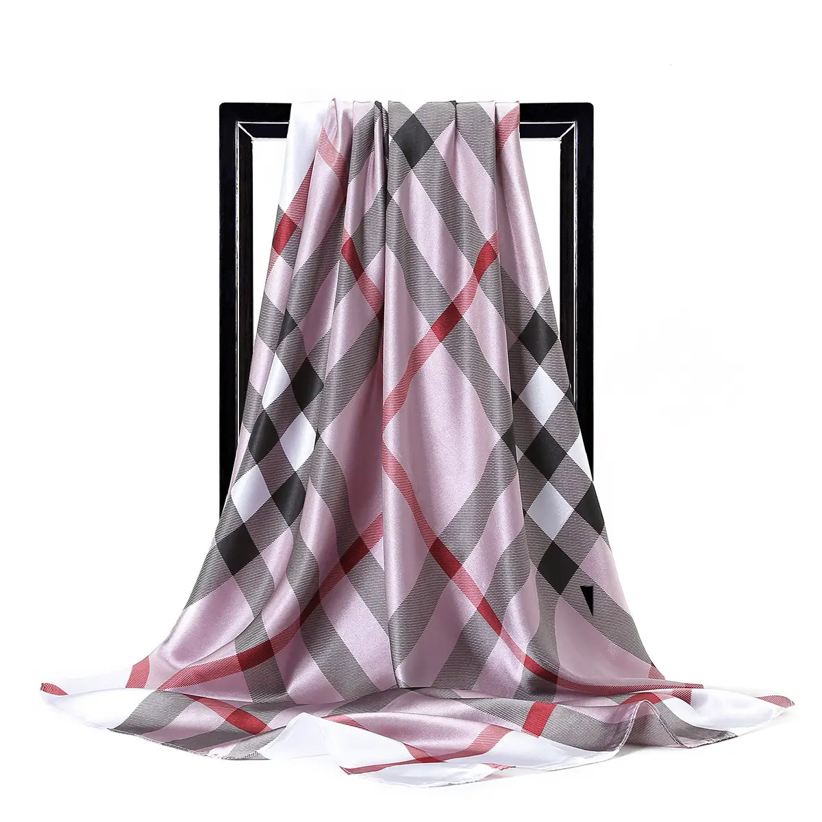 90cm Plaid Silk Scarf for Women Muslim Headscarf - Image 4