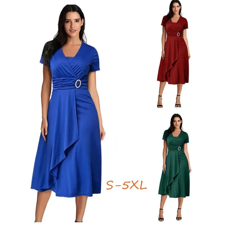 Women's Maroon Asymmetrical Swing V Neck Midi Dress - Image 5