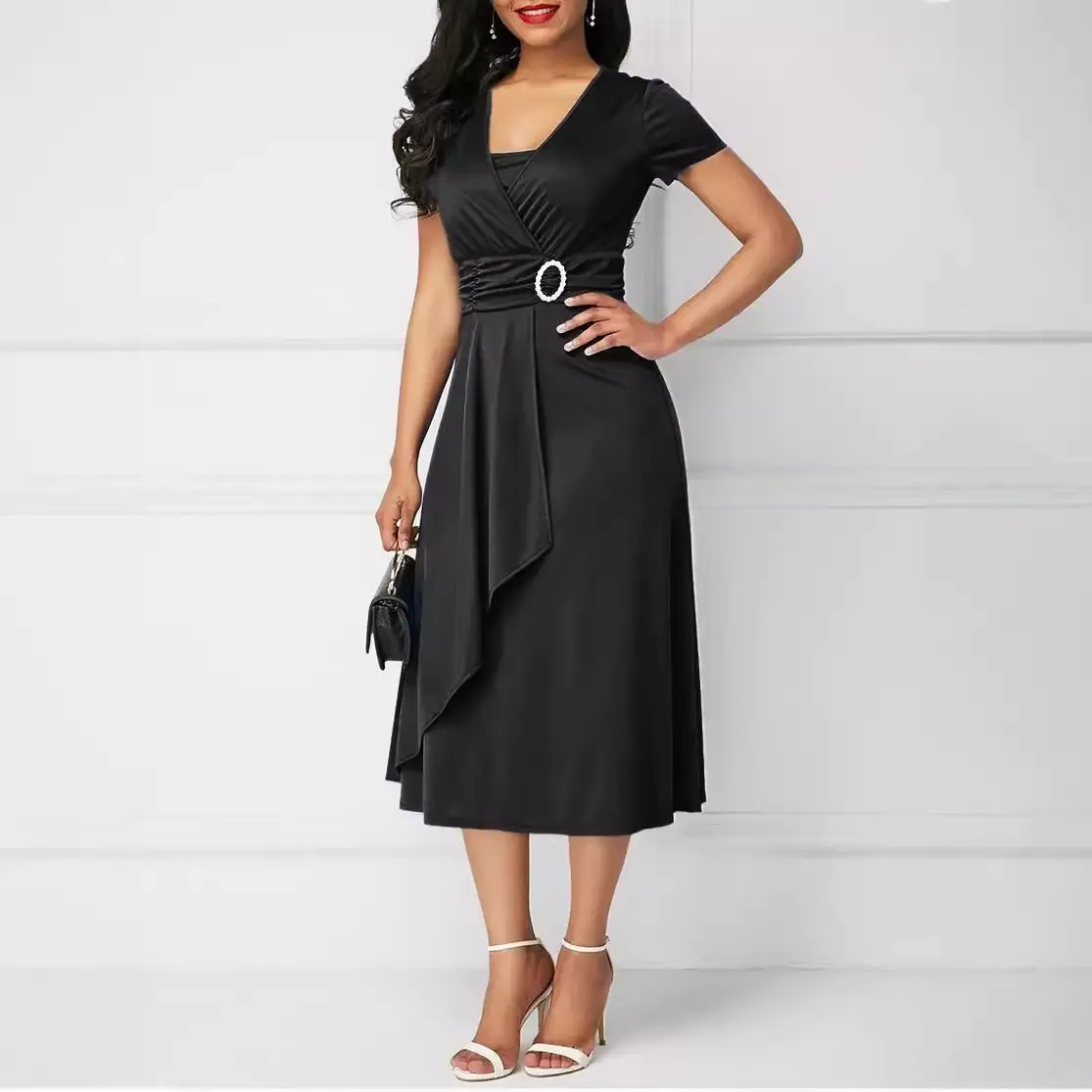 Women's Maroon Asymmetrical Swing V Neck Midi Dress - Image 6
