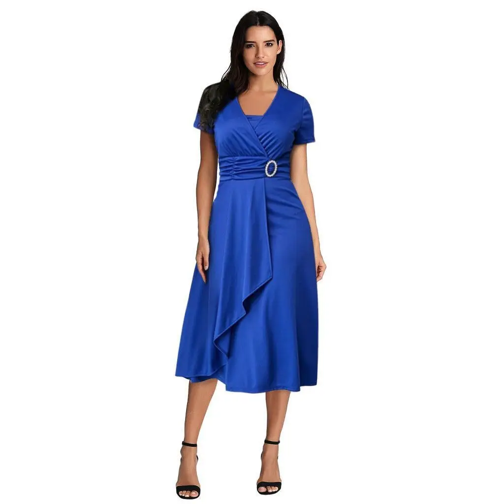 Women's Maroon Asymmetrical Swing V Neck Midi Dress - Image 8