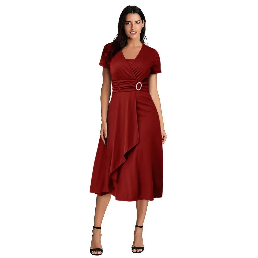 Women's Maroon Asymmetrical Swing V Neck Midi Dress — feature 12