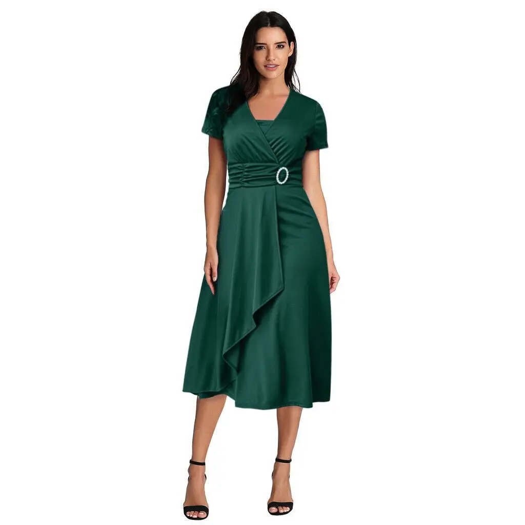 Women's Maroon Asymmetrical Swing V Neck Midi Dress — feature 13