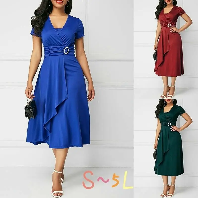 Women's Maroon Asymmetrical Swing V Neck Midi Dress — feature 15