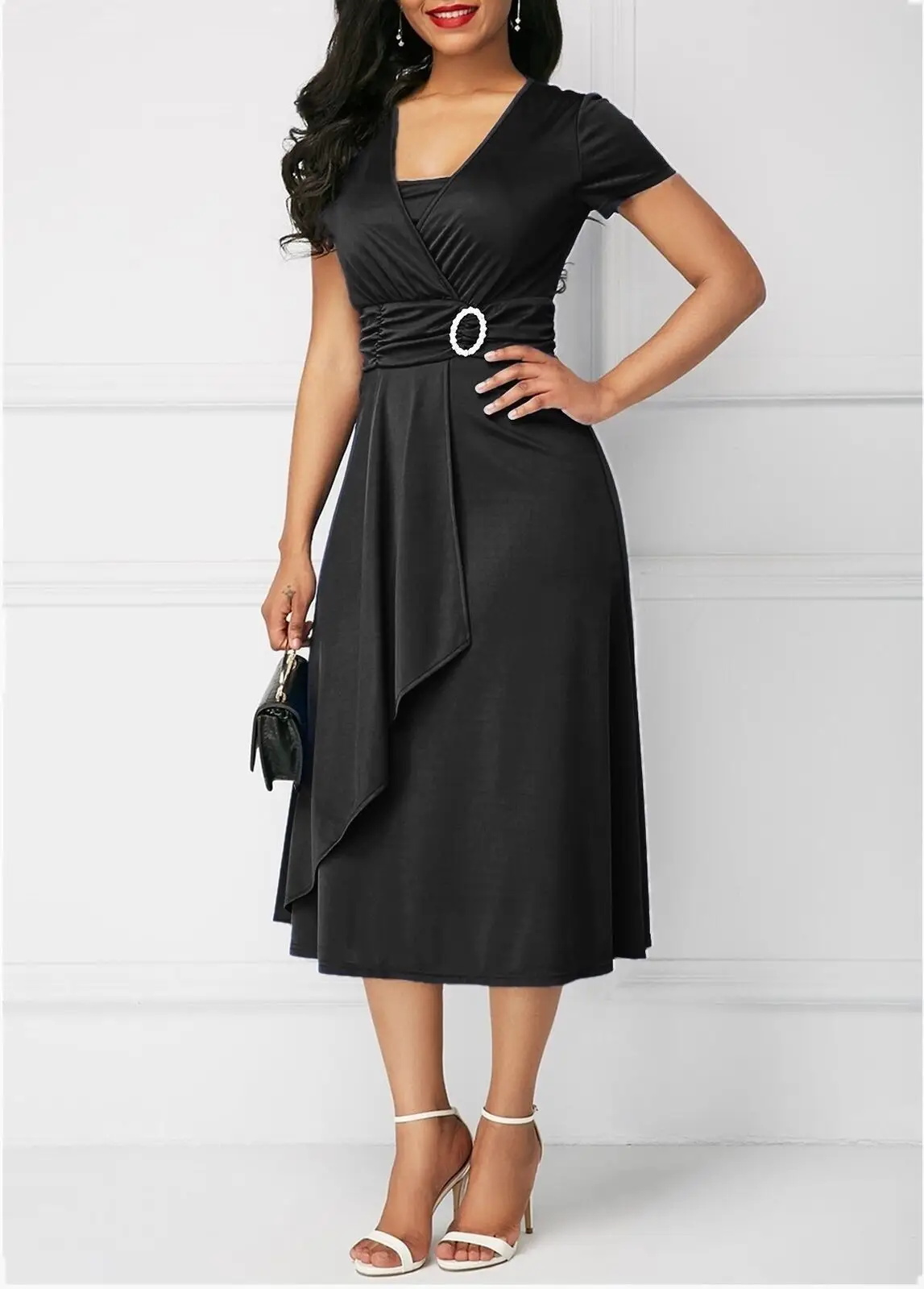 Women's Maroon Asymmetrical Swing V Neck Midi Dress - Image 2