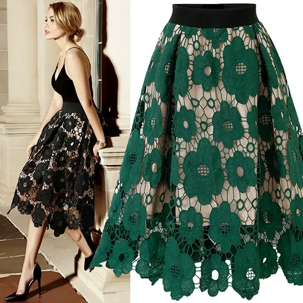 High Waist Lace Skirt Red Floral Large Size — feature 10