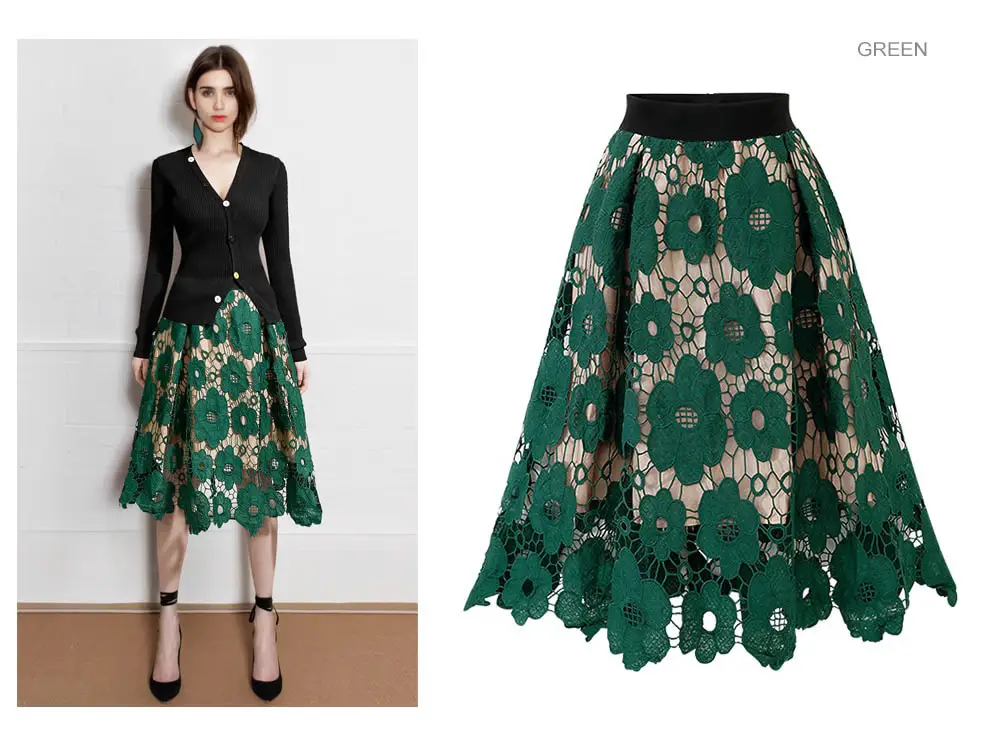 High Waist Lace Skirt Red Floral Large Size - Image 3