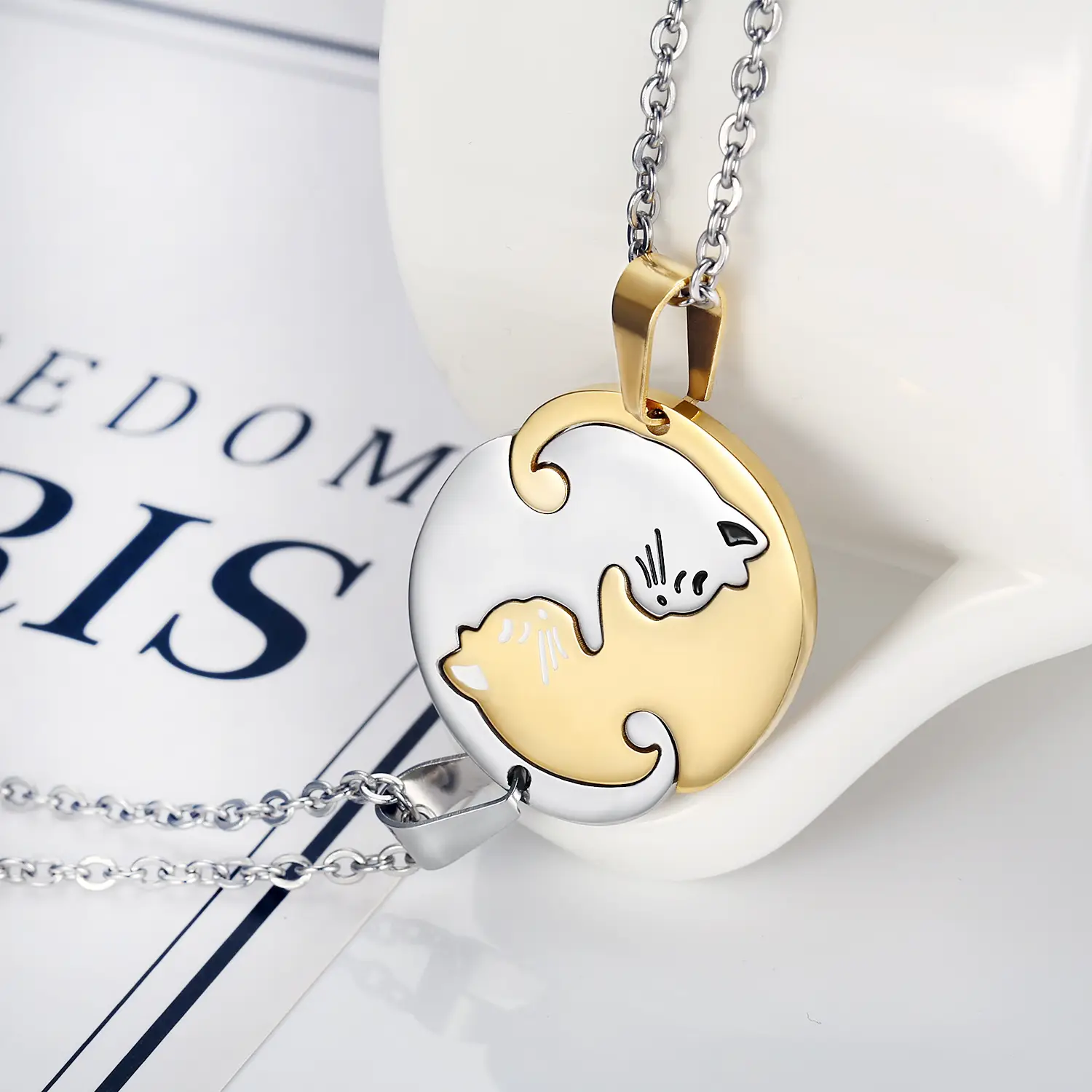 Stainless Steel Cat Pendant Couple Necklace Set