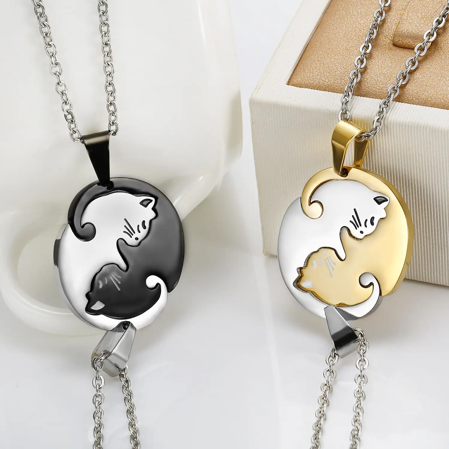 Stainless Steel Cat Pendant Couple Necklace Set