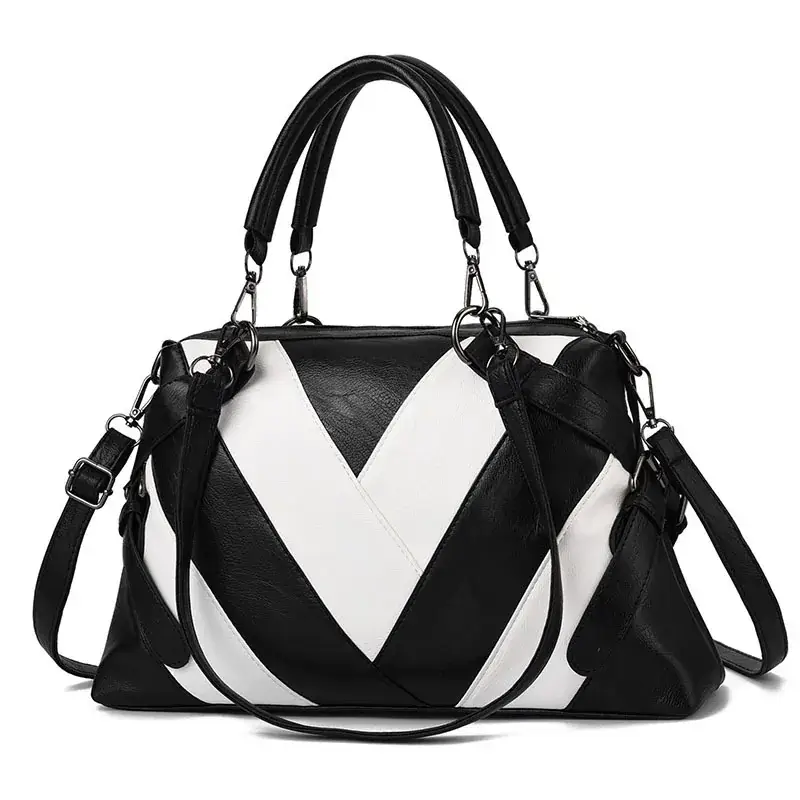 Black White V-Neck Shoulder Bag Large Capacity