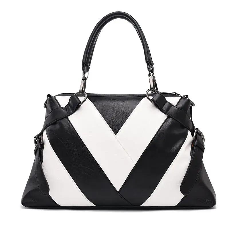 Black White V-Neck Shoulder Bag Large Capacity
