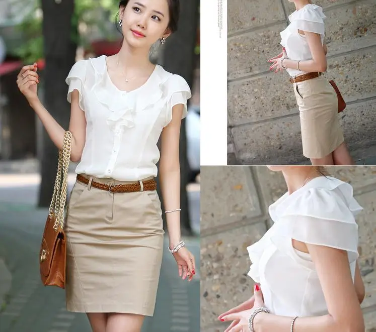 White Short Sleeve Shirt for Women with Lotus Leaf Design - Image 2
