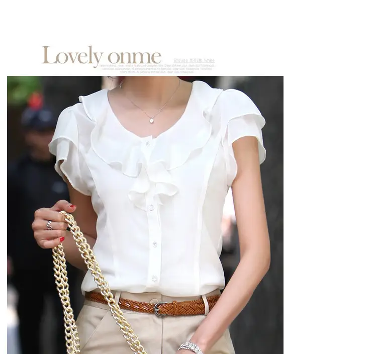 White Short Sleeve Shirt for Women with Lotus Leaf Design - Image 4