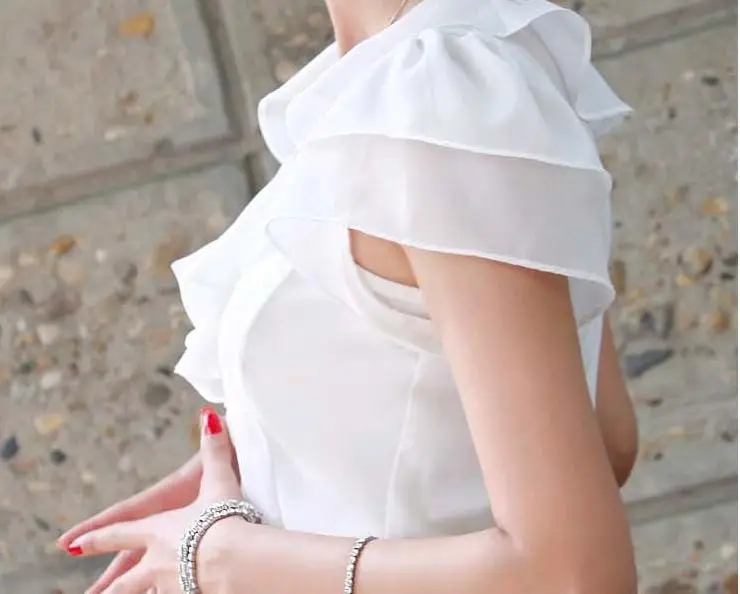 White Short Sleeve Shirt for Women with Lotus Leaf Design - Image 5