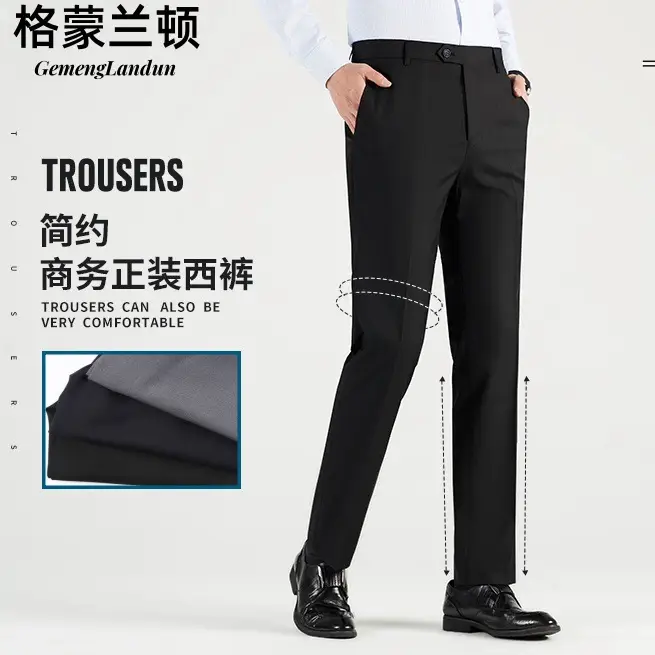 Men Slim Fit Black Straight Leg Trousers with Belt