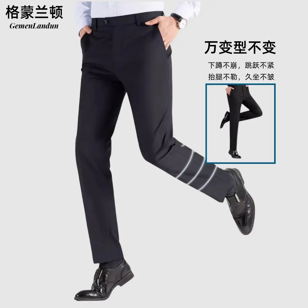 Men Slim Fit Black Straight Leg Trousers with Belt