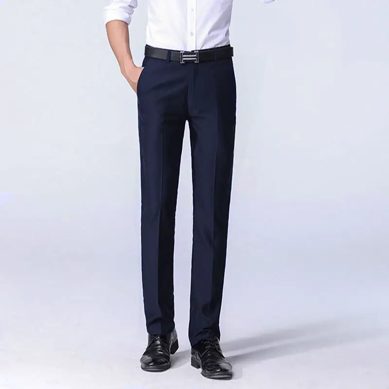 Men Slim Fit Black Straight Leg Trousers with Belt
