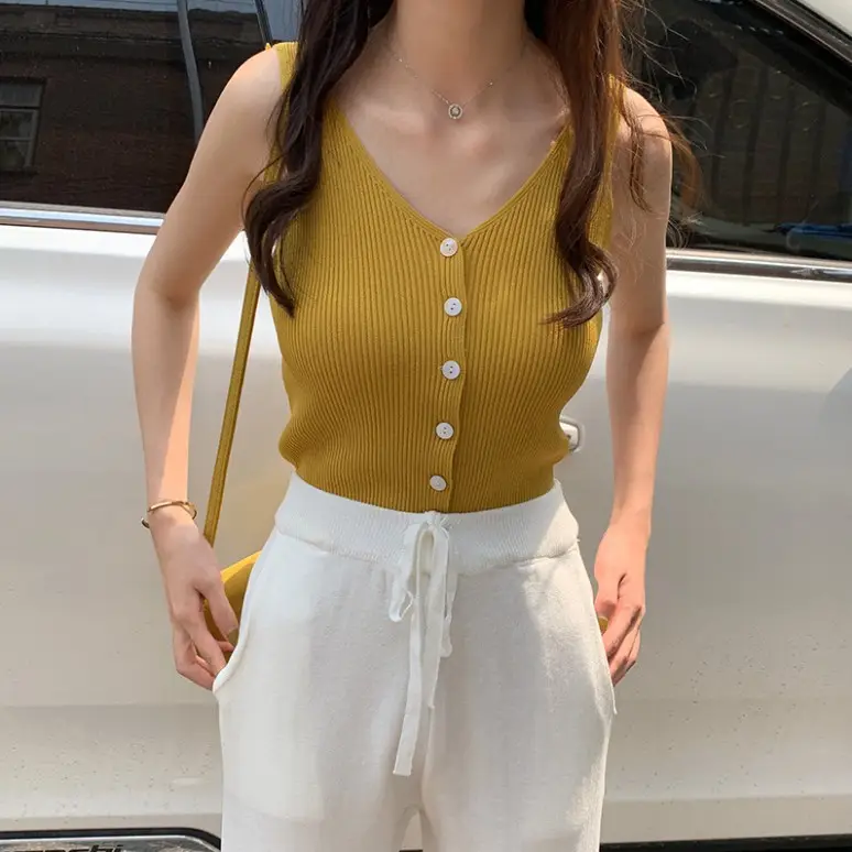 Button Knitted V Neck Vest Women Spring Summer Slim Fit - Image 3