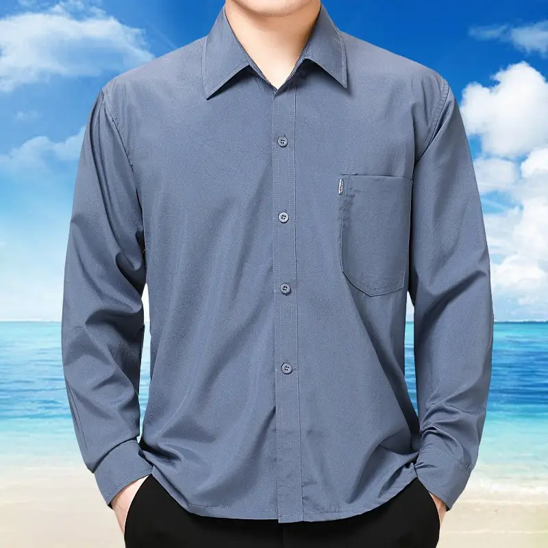 Middle-Aged Men Long Sleeve Button Shirt Blue - Image 3